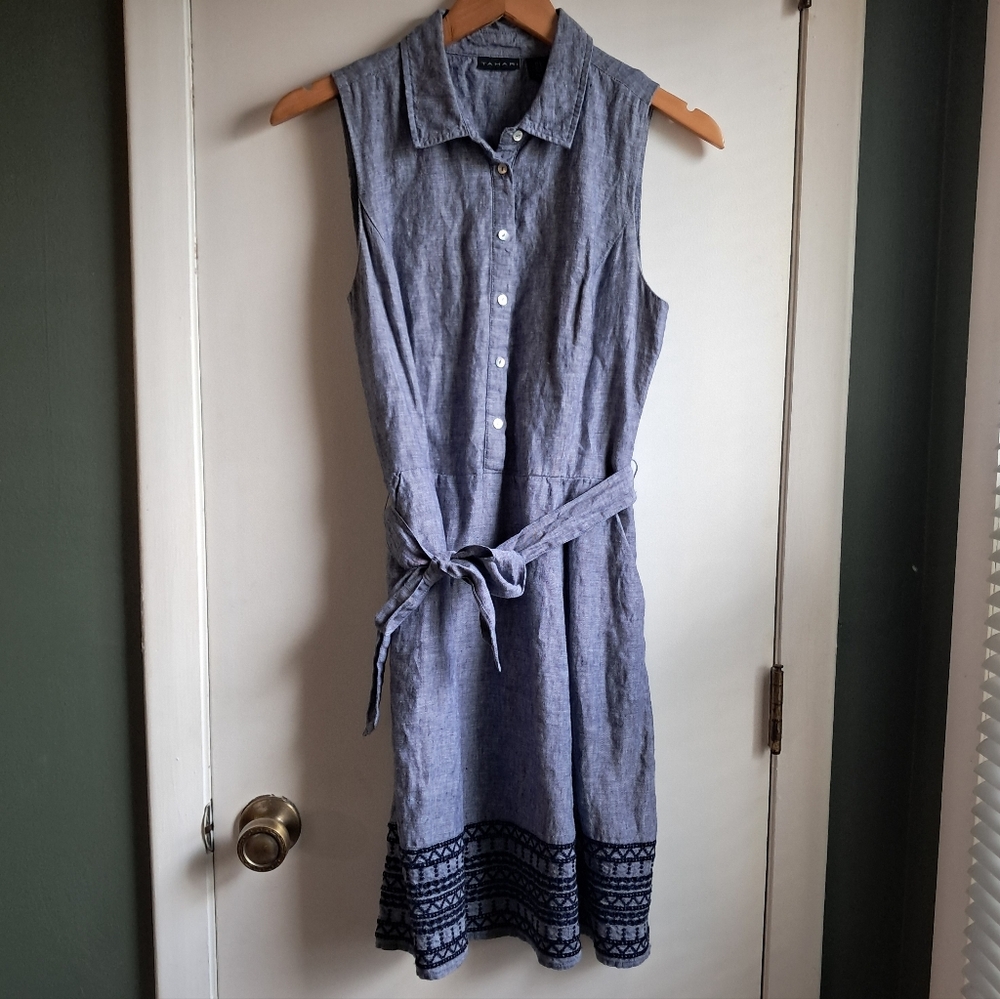 Tahari Chambray Embroidered Linen Cotton Dress Sleeveless Size 2